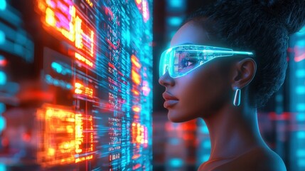 Poster - Futuristic woman wearing a virtual reality headset or goggles standing in a vibrant neon lit digital environment with a holographic interface and projected data screens surrounding her