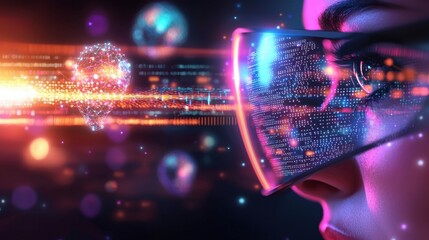 Poster - Captivating futuristic digital landscape with a mesmerizing display of glowing geometric shapes vibrant neon lights and dynamic energy fields