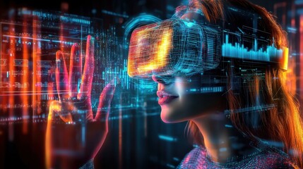 Poster - Captivating image of a woman engrossed in an immersive virtual reality experience surrounded by a futuristic HUD display and vivid neon lighting