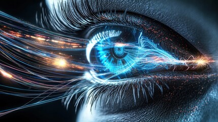 Poster - Captivating digital of a futuristic glowing eye surrounded by swirling cosmic energy luminous particles and ethereal neon like illumination evoking a sense of wonder and technological innovation