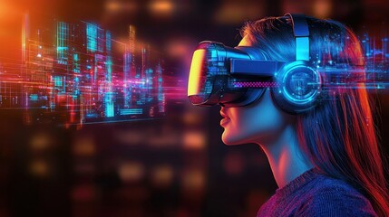 Poster - Young Woman Wearing Virtual Reality Headset Immersed in Futuristic Cityscape with Neon Lights and Abstract Digital Visuals  Concept of Advanced Intelligence and Immersive Entertainment