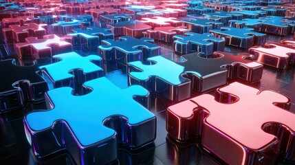 Poster - Futuristic 3D geometric shapes and patterns in vibrant blue and red tones create a visually captivating abstract digital landscape