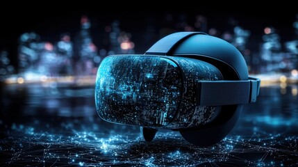 Poster - Immersive virtual reality headset in a futuristic neon lit city nightscape  The headset is surrounded by a swirl of digital data wires and glowing circuits hinting at the immersive