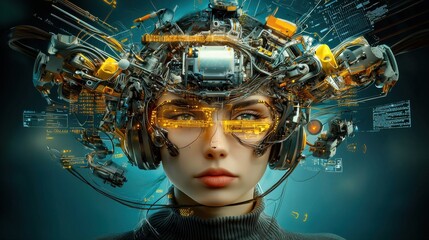 Poster - Futuristic digital head gear with intricate circuitry and machinery symbolizing the advancement of intelligence technology and innovative scientific concepts