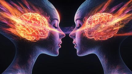 Poster - Two glowing fiery brains in close contact representing the power of intellectual the exchange of ideas  This image symbolizes the creative potential that emerges when minds come together