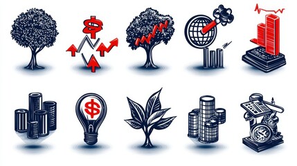 Poster - A collection of conceptual depicting various business concepts such as growth progress technology innovation finance strategy data analysis and sustainable development