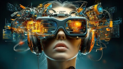 Poster - Futuristic cyborg figure wearing advanced augmented reality goggles or visor showcasing a complex digital interface and high tech innovations  The image represents the convergence of intelligence