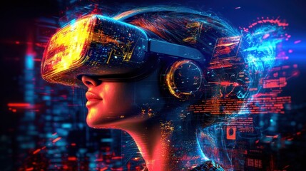 Poster - Immersive virtual reality experience with futuristic holographic displays data analytics and advanced digital technology  Explore a vibrant sci fi inspired digital realm filled with neon lights