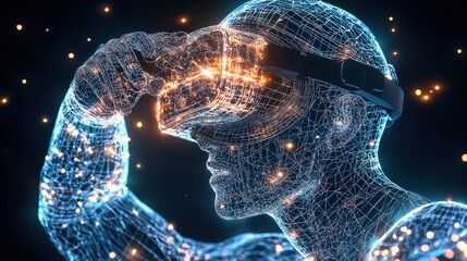 Poster - glowing wireframe digital head in futuristic intelligence concept 3d rendered of a cybernetic mind w