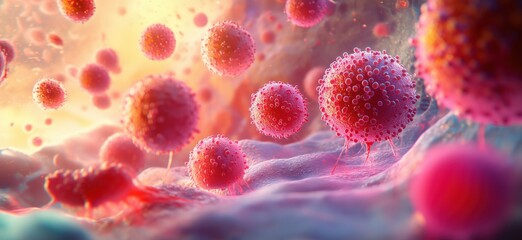 Poster - Microscopic view of vibrant virus particles in a cellular environment, copy space for text