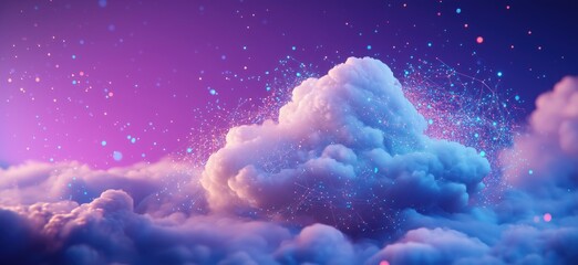 Poster - Digital cloud with glowing particles and vibrant colors in a dreamy atmosphere, copy space for text