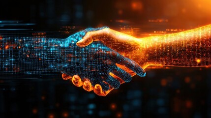 Fototapete - a futuristic digital handshake between two abstract figures representing the innovation driving the 