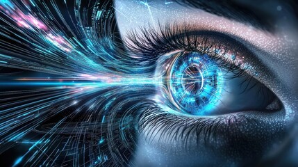 Poster - Futuristic Cyber Eye in Motion Surreal Digital Art Exploring the Realms of Technology and Innovation Blending Science Fantasy and the Boundless Potential of the Digital Universe