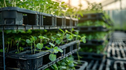 Poster - Rows of young seedlings grow in black plastic trays inside a greenhouse, illuminated by warm evening light, showcasing a thriving patch of green life nurtured by careful cultivation.