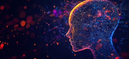 Poster - Digital human head silhouette with neural network connections and glowing particles, copy space for text