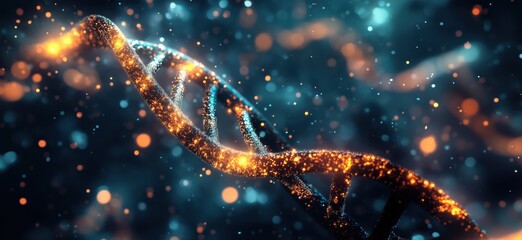 Poster - Glowing DNA Helix Structure with Sparkling Particles in Abstract Background, copy space for text