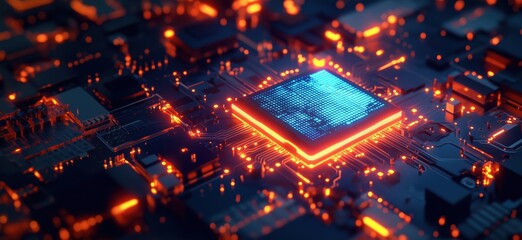Poster - Futuristic microchip with glowing circuits and digital patterns in dark environment, copy space for text