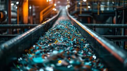 Poster - Colorful glass pieces travel on a conveyor belt within a recycling plant, illuminated by industrial lights, showcasing the process of material sorting and preparation.