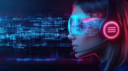 Poster - Futuristic Woman Wearing Holographic Headset Amid Glowing Neon Lights and Digital Data Code in Technocratic Landscape