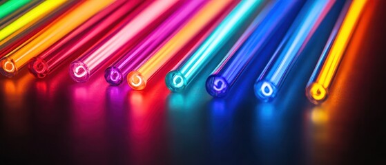 Poster - A vibrant arrangement of glowing neon tubes in various colors, reflecting off a dark surface, creating an energetic atmosphere suitable for artistic or commercial use