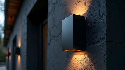Poster - Illuminated modern wall sconce casts a warm glow on a textured dark gray wall, enhancing the building's modern aesthetic.