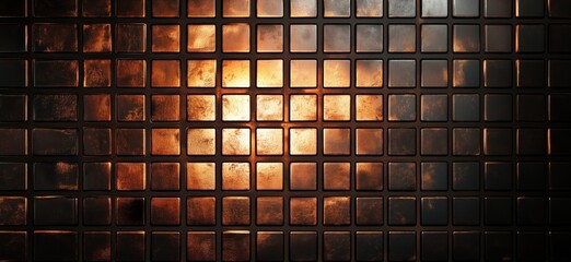 Poster - Textured metallic wall with reflective tiles in warm orange and brown tones, copy space for text