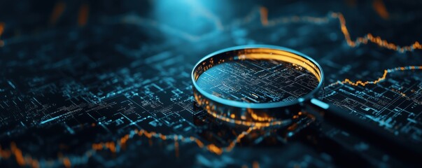 Poster - magnifying glass over digital map with circuit patterns and glowing lines, copy space for text