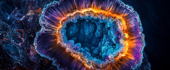 Poster - Close-up of a colorful crystal geode with glowing purple and orange hues showcasing the intricate beauty of minerals and natural formations