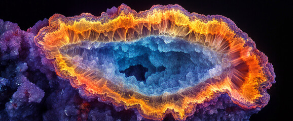 Poster - Close-up of a colorful crystal geode with glowing orange, purple, and blue hues showcasing the intricate natural beauty and structure of mineral formations