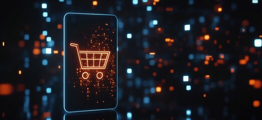 Poster - Digital shopping cart icon on smartphone screen with glowing data particles, copy space for text