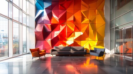 Aufkleber - Brightly lit lounge area showcases a vibrant, geometric wall design in warm hues, complemented by contemporary seating and a sleek floor, creating an inviting space for relaxation.