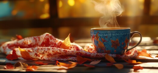 Wall Mural - Warm cup of tea surrounded by autumn leaves and cozy scarf in soft sunlight, copy space for text