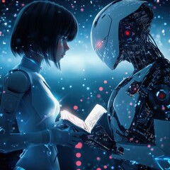 Poster - Futuristic humanoid robot and woman sharing knowledge in a digital environment, copy space for text