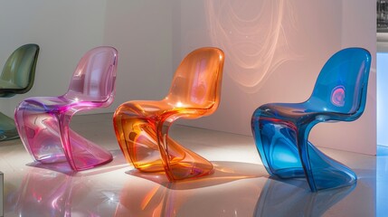 Fototapete - Colorful transparent chairs are arranged side by side, featuring unique shapes and designs, showcased at a contemporary design exhibit in a bright indoor space.