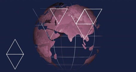 Poster - Animation of geometric shapes and lines overlaying rotating globe on dark blue background