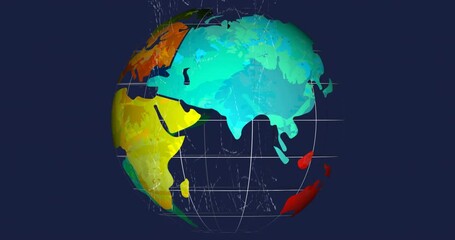 Poster - Animation of colorful globe with grid lines showing continents on blue background