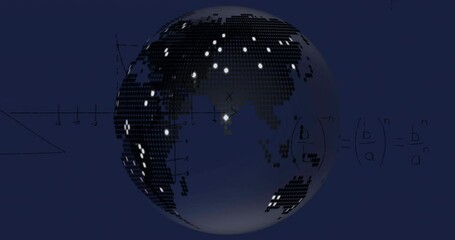 Poster - Animation of digital globe with mathematical equations on dark blue background