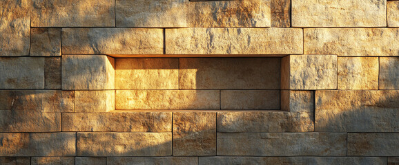 Aufkleber - Close-up view of a stone wall with a rectangular niche illuminated by warm sunlight, casting soft shadows, symbolizing architectural design and natural lighting effects.
