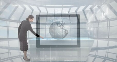 Poster - Digital tablet animation, businesswoman analyzing global network gears in futuristic office