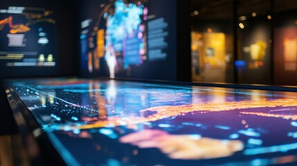 Poster - Interactive touchscreen displaying global map data with network connections and data points, enhancing visitor experiences in a modern museum exhibition