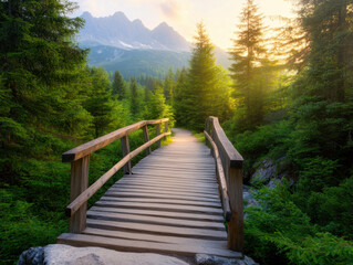 Wall Mural - serene wooden bridge leads through lush greenery, surrounded by majestic mountains and warm sunset glow, inviting exploration and tranquility