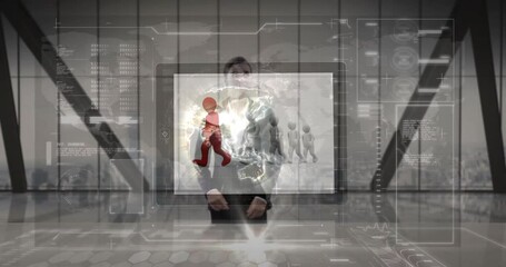 Poster - In office, businesswoman using animation for digital interface and data visualization