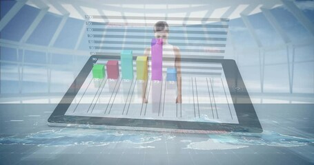 Poster - Businesswoman interacting with 3D bar graph animation over digital world map