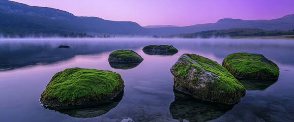 Aufkleber - Moss-covered rocks in a misty lake during dawn with mountains in the background, symbolizing serenity, tranquility, and the beauty of untouched nature.