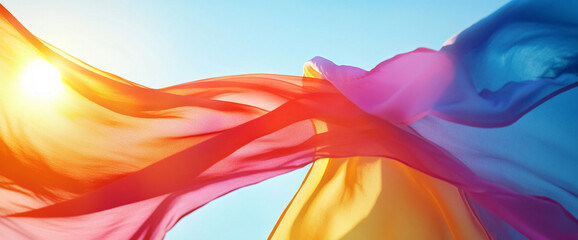 Poster - Colorful flowing fabric in red, yellow, and pink colors against a clear sky, symbolizing freedom, motion, and creativity with the sunlight shining through.