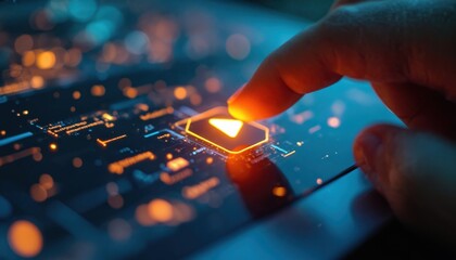 Poster - Finger touch play button on glowing laptop screen with icons. Tech, futuristic digital interface for business, hi-tech network. Modern communication, innovation, virtual cyberspace, science design,