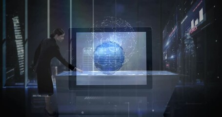 Poster - In office, business people interacting with digital animation of globe hologram