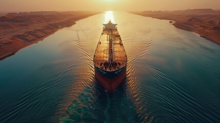 Aufkleber - A large cargo ship moves smoothly through a narrow waterway at sunset, surrounded by desert landscapes. Golden sunlight reflects off the calm water, creating a serene ambiance.