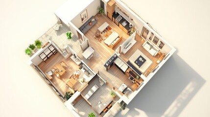 Poster - A 3D visualization of a house floor plan viewed from above, highlighting room layouts, ideal for real estate or architectural presentations
