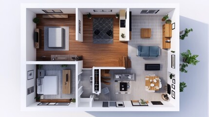 Poster - A 3D visualization of a house floor plan viewed from above, highlighting room layouts, ideal for real estate or architectural presentations